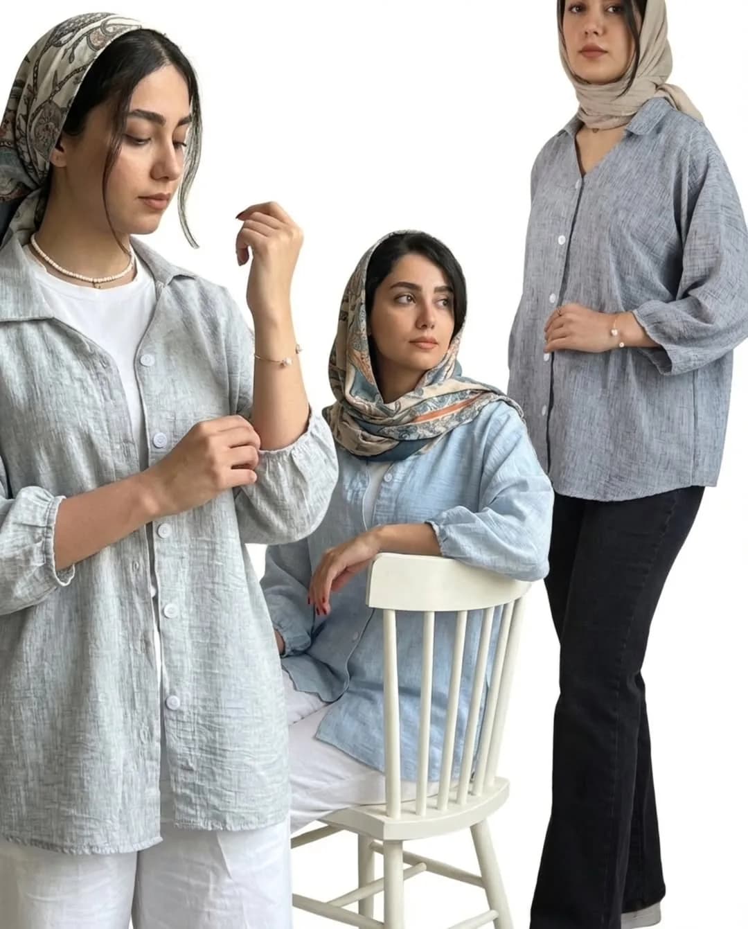 شومیز آکسفورد یقه ۷ کد 605، رنگ خاکستری و مشکی، زنانه آستینسه ربع جلودکمه