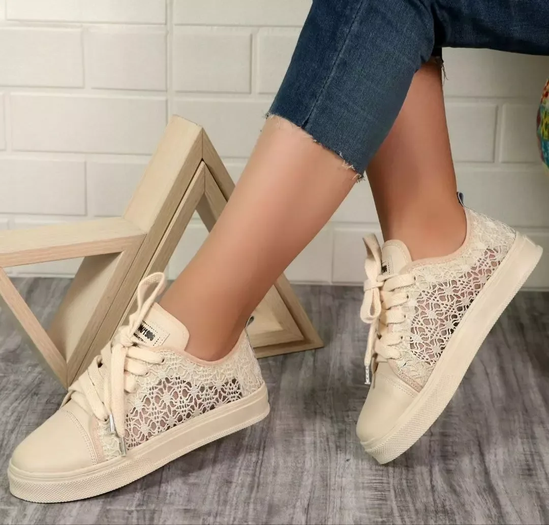 کتانی بنددار زنانه کرم و طوسی، طرح توری، لژدار