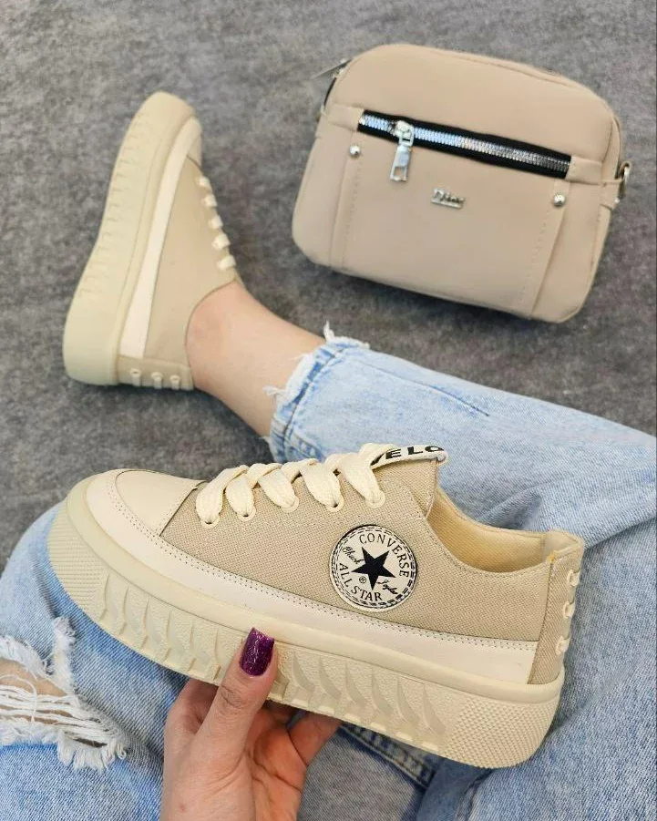 کتانی پارچه‌ای ساق‌دار زنانه کرم — عکس ۴