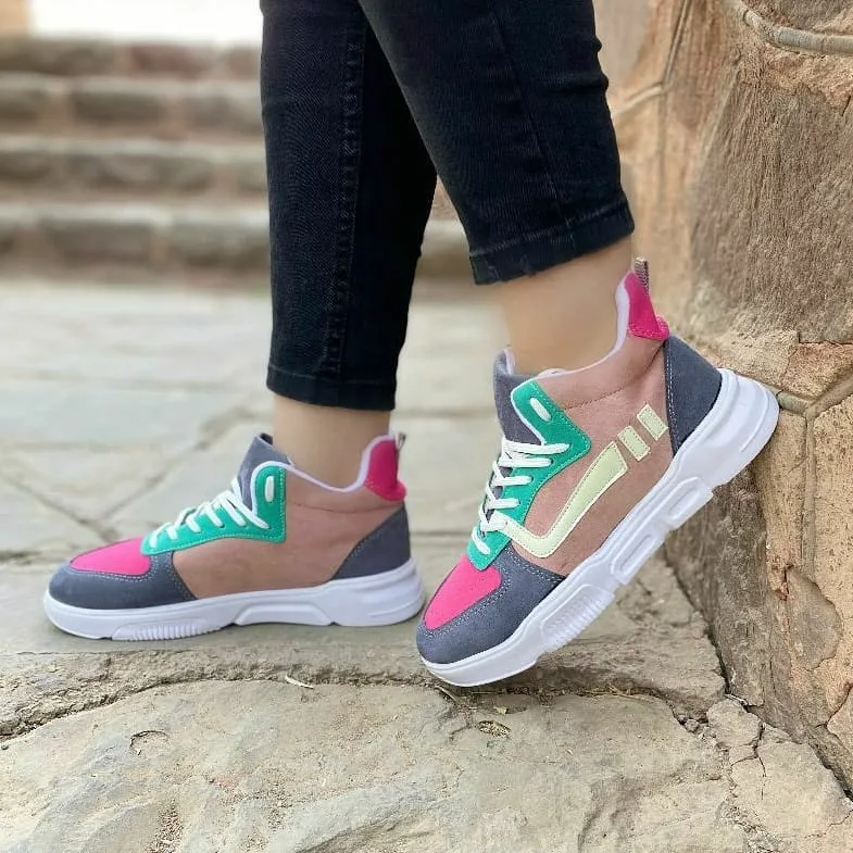 کتانی اسپرت کف‌ضخیم زنانه رنگارنگ، رنگ قهوه‌ای، سرمه‌ای، صورتی، سبز و سفید، پاشنه بلند، بنددار