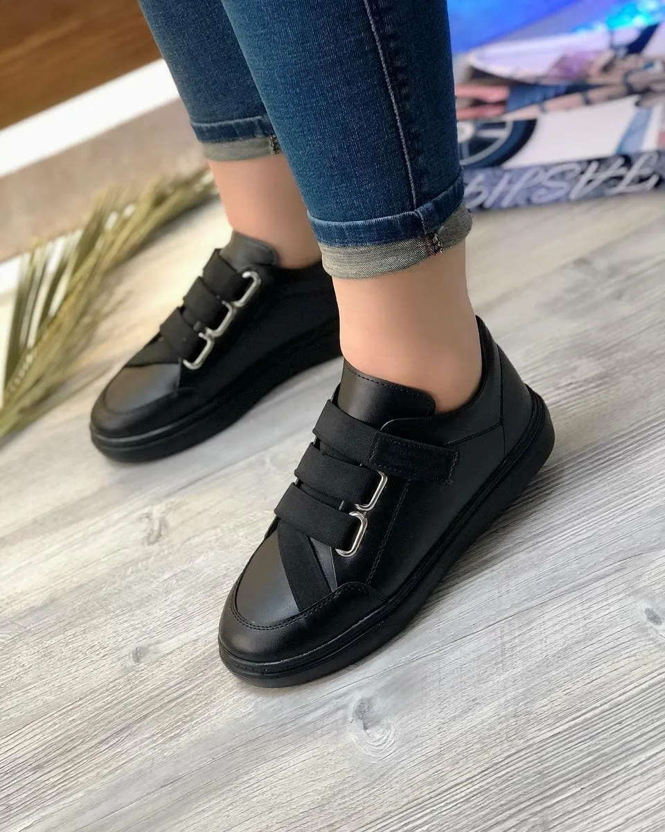 کتانی چسبی ساده زنانه مشکی و سفید — عکس ۲