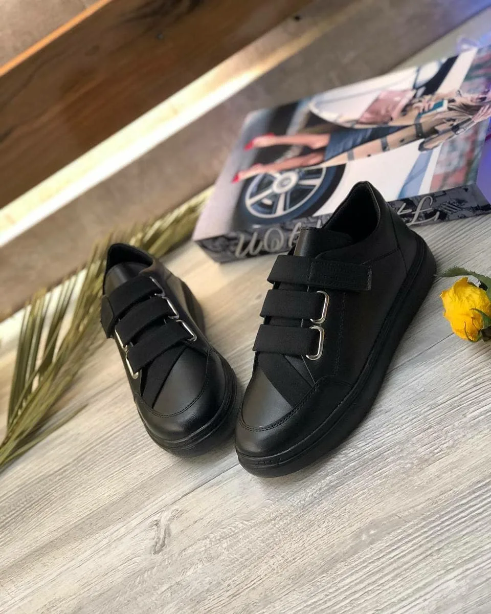 کتانی چسبی ساده زنانه مشکی و سفید — عکس ۳