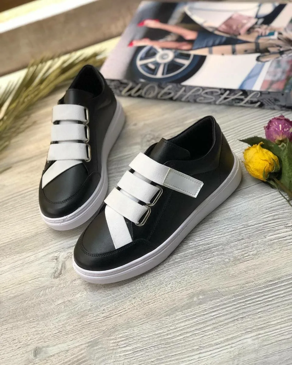 کتانی چسبی ساده زنانه مشکی و سفید — عکس ۵