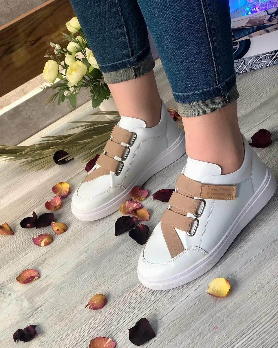 کتانی چسبی ساده زنانه سفید و کرم، بند چسبی، پاشنه تخت