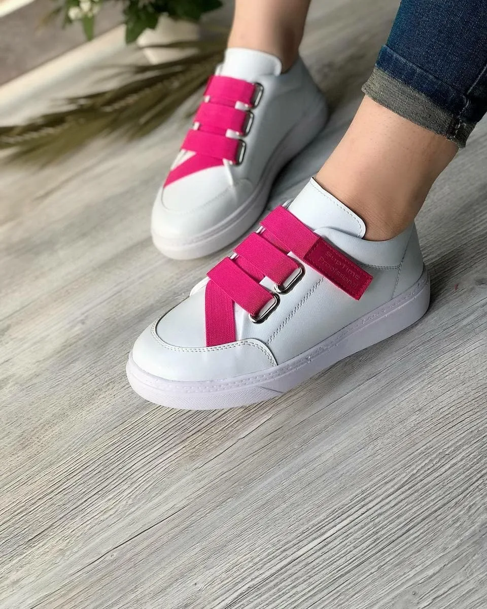 کتانی چسبی ساده زنانه سفید و کرم — عکس ۳