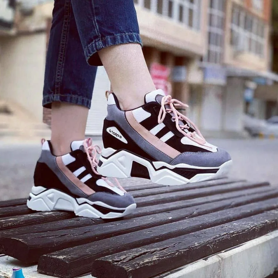 کتانی کف‌ضخیم زنانه مشکی و کرم، رنگ خاکستری، سفید و صورتی، بنددار، پاشنه لژدار