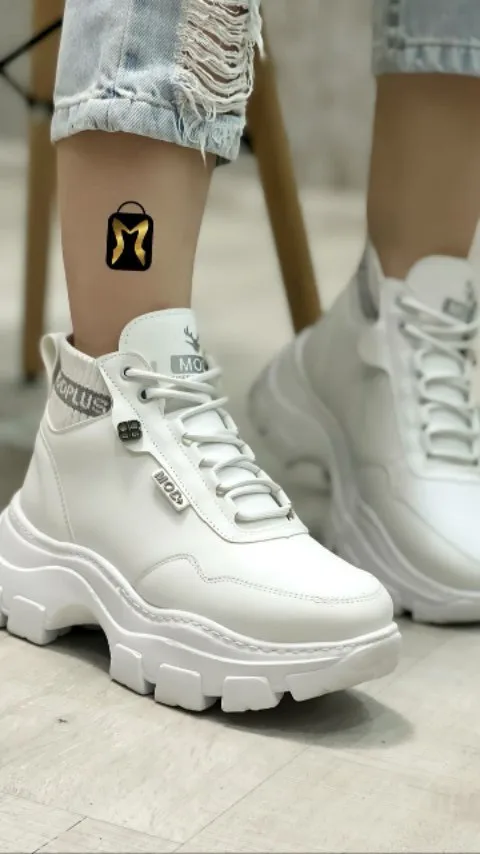کتانی کف‌ضخیم زنانه سفید بنددار، ساق‌دار، پاشنه بلند