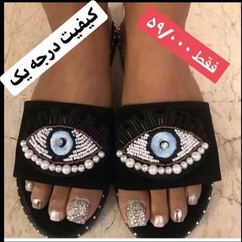 دمپایی زنانه، رنگ مشکی، آبی و سفید، طرح گلدوزی، تخت