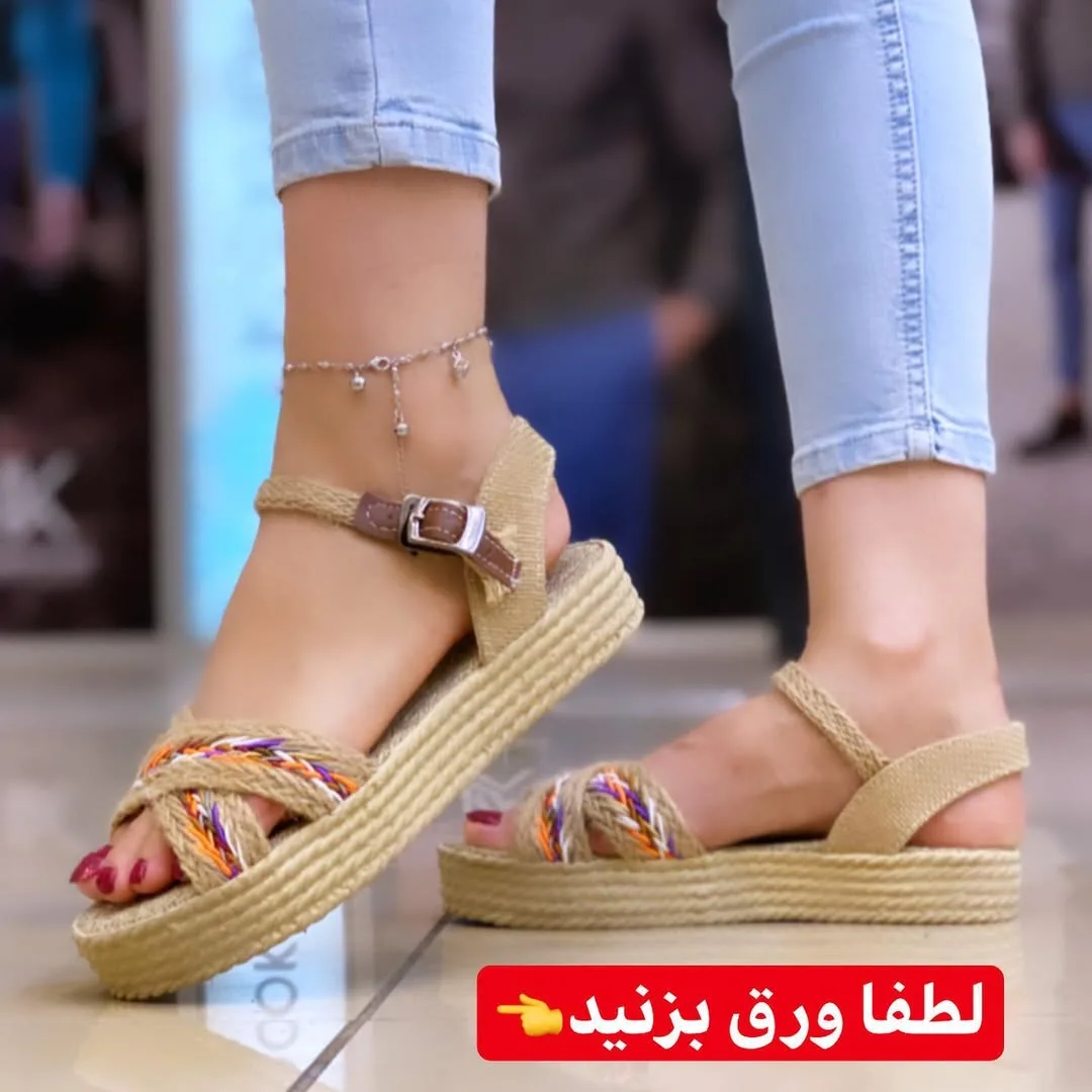 صندل کنفی زنانه، رنگ کرم، نارنجی و بنفش، صندل تخت، پاشنه کم