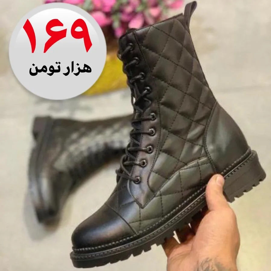 بوت ساقدار شنل، رنگ مشکی، جنس چرم، طرح هندسی، بنددار، ساق بلند