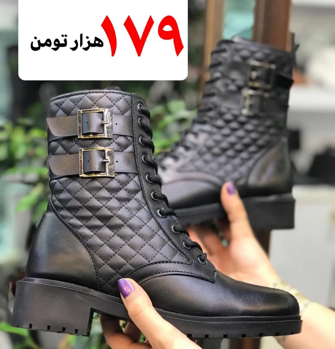 بوت بغل شنل دو کمربندی، رنگ مشکی، جنس چرم، طرح هندسی، بنددار، سگک‌دار، پاشنه کوتاه