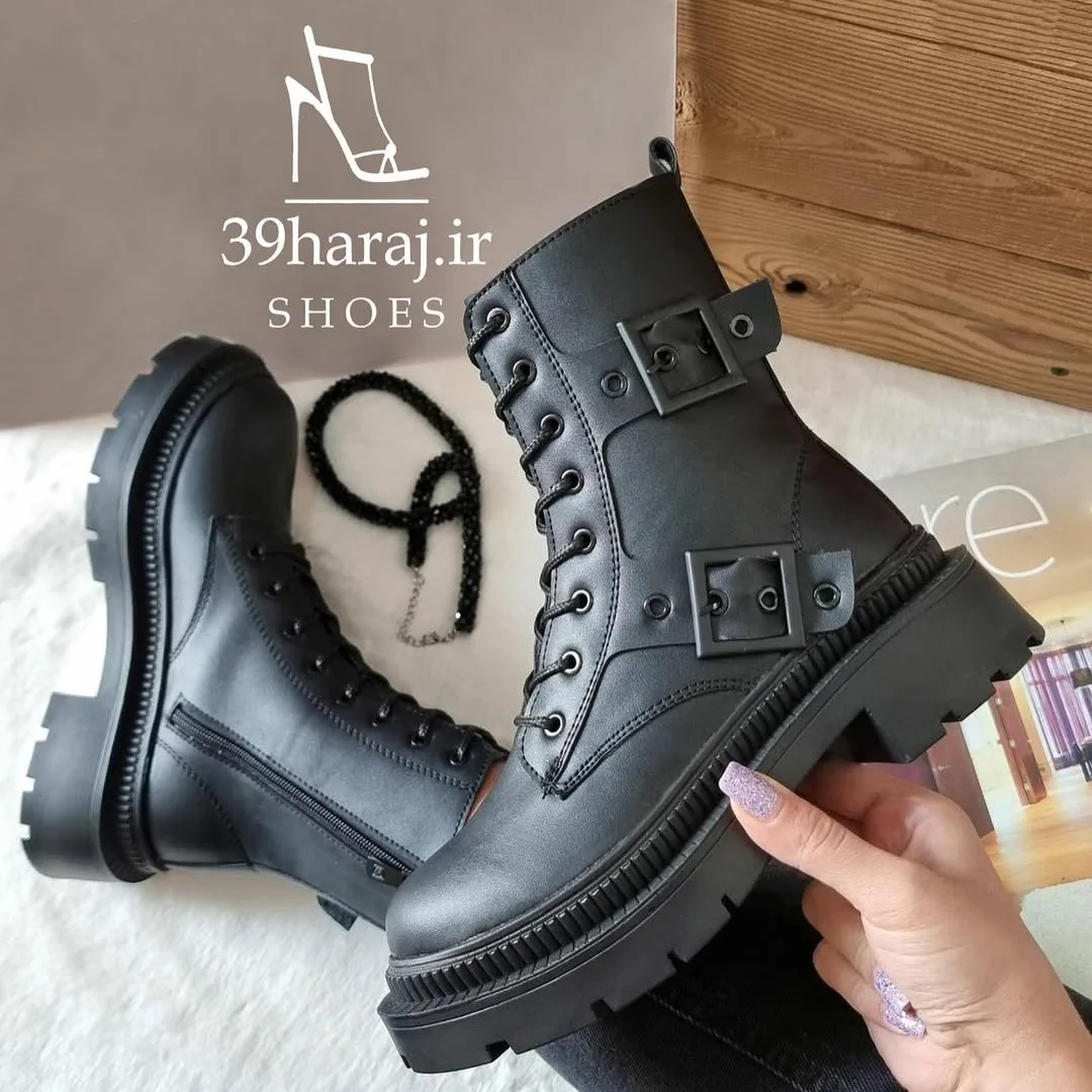 بوت بندی زیپی زنانه، رنگ مشکی، جنس چرم، ساق‌بلند بنددار لژدار