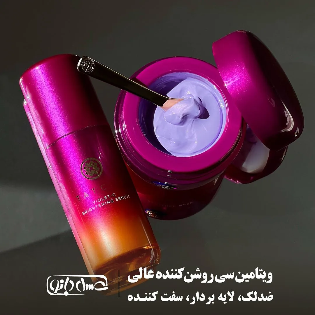 سرم ویتامین سی تاچا، رنگ سرخابی و نارنجی، جنس شیشه و پلاستیک، بطری و کاسه