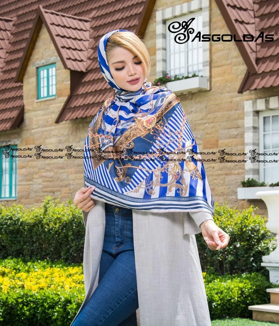 روسری ابریشم یونیک ۱۲۰، رنگ آبی، سفید و طلایی، طرح راه‌راه، مربع