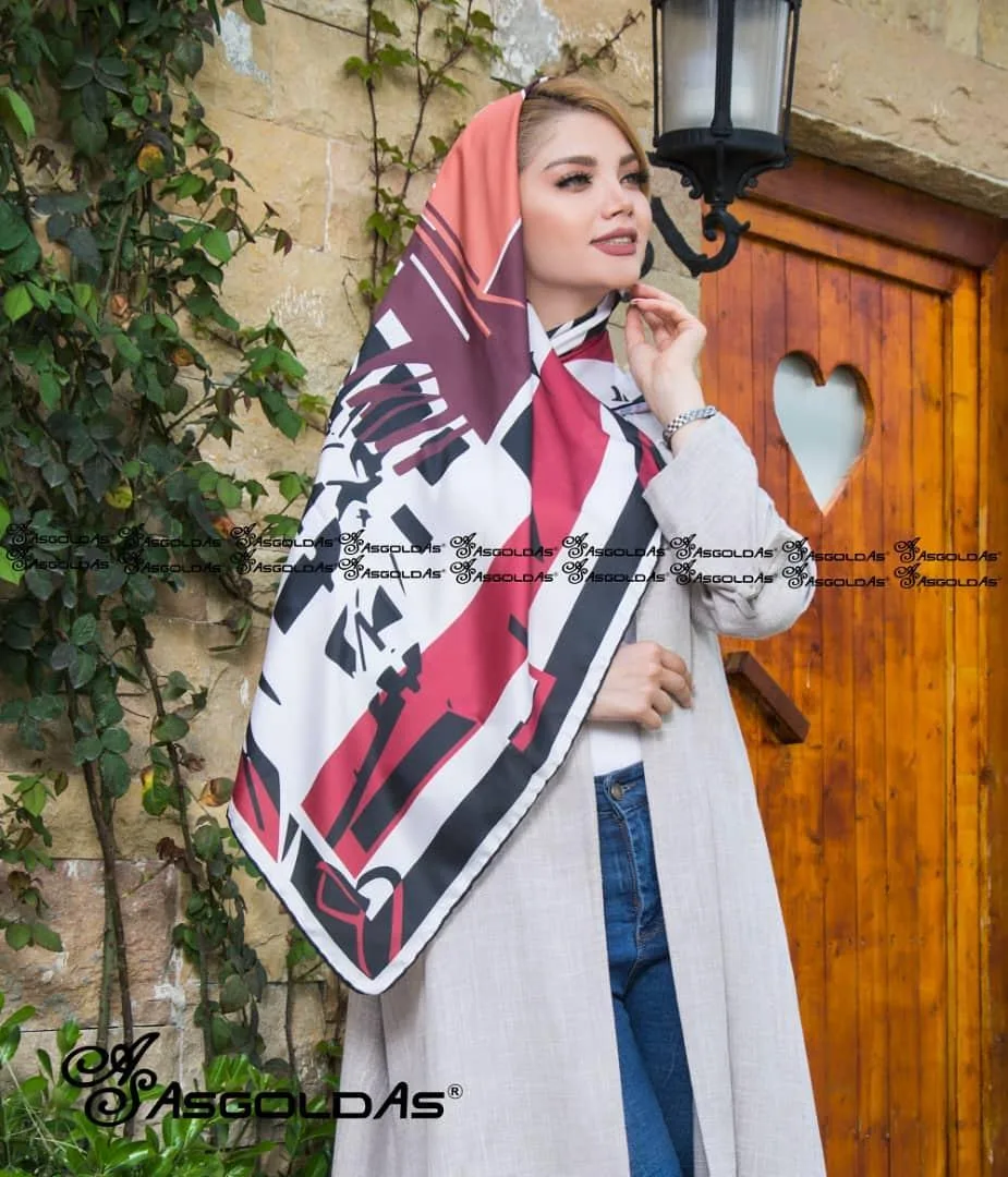 روسری زنانه، رنگ قرمز، سفید و مشکی، طرح هندسی، قواره‌دار