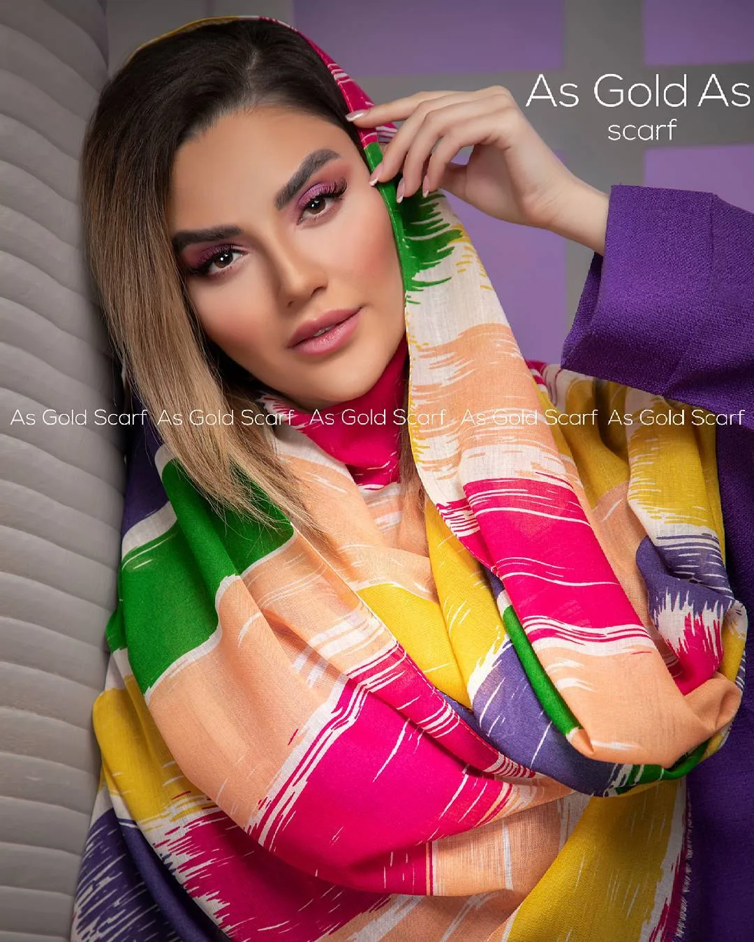 روسری زنانه، رنگ زرد، سبز و صورتی، طرح هندسی، مربع