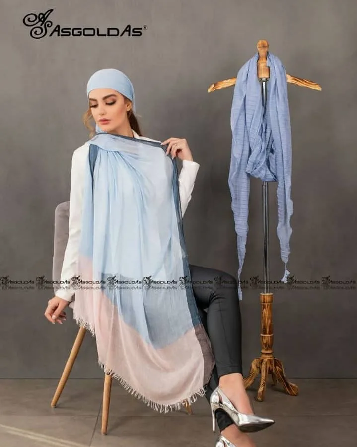 روسری زنانه، رنگ آبی و صورتی، قواره‌دار، ریش‌دار