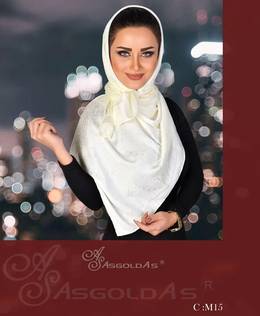 روسری ابریشم ژاکارد دور دست‌دوز، رنگ سفید، قواره‌بزرگ ساده