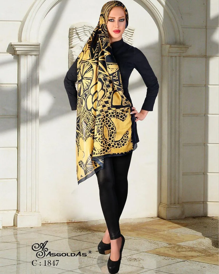 روسری زنانه، رنگ زرد و مشکی، طرح هندسی، مربع