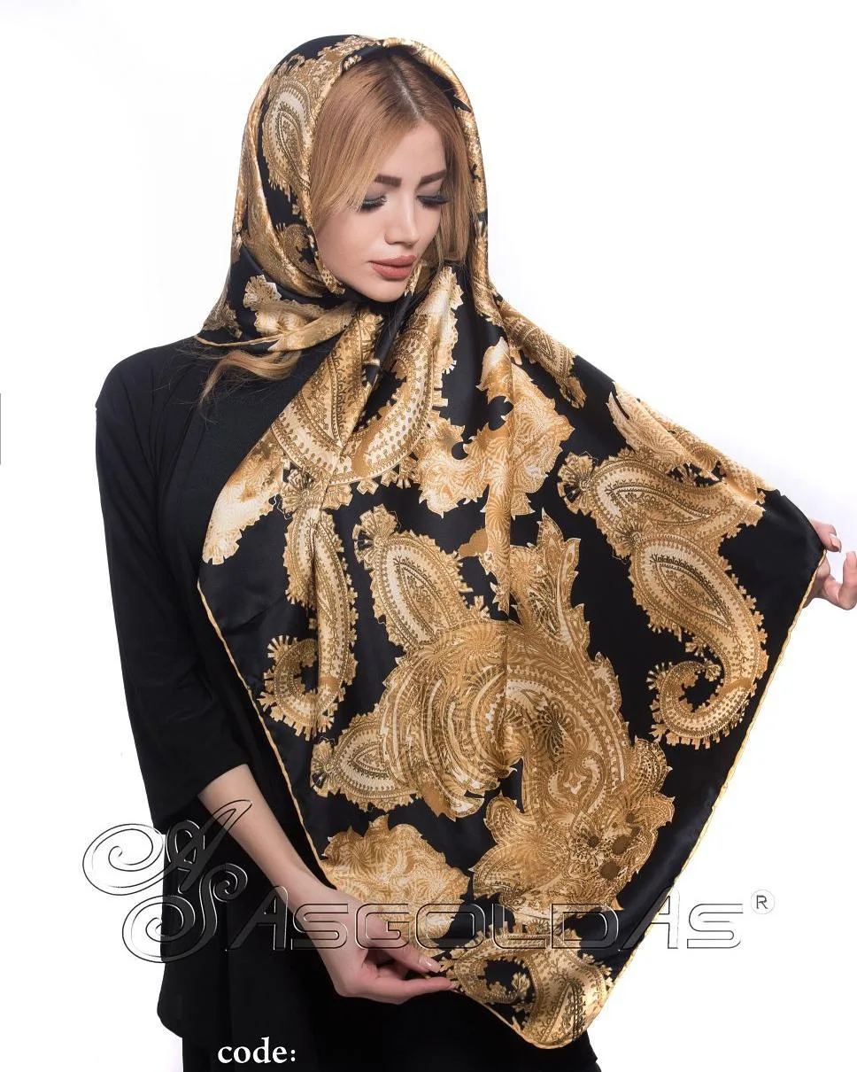 روسری، رنگ مشکی و طلایی، جنس ساتن، مربع