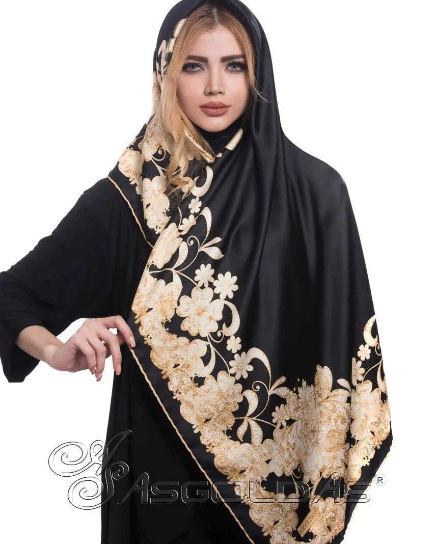 روسری، رنگ مشکی و طلایی، جنس ساتن، طرح گلدار، مربع