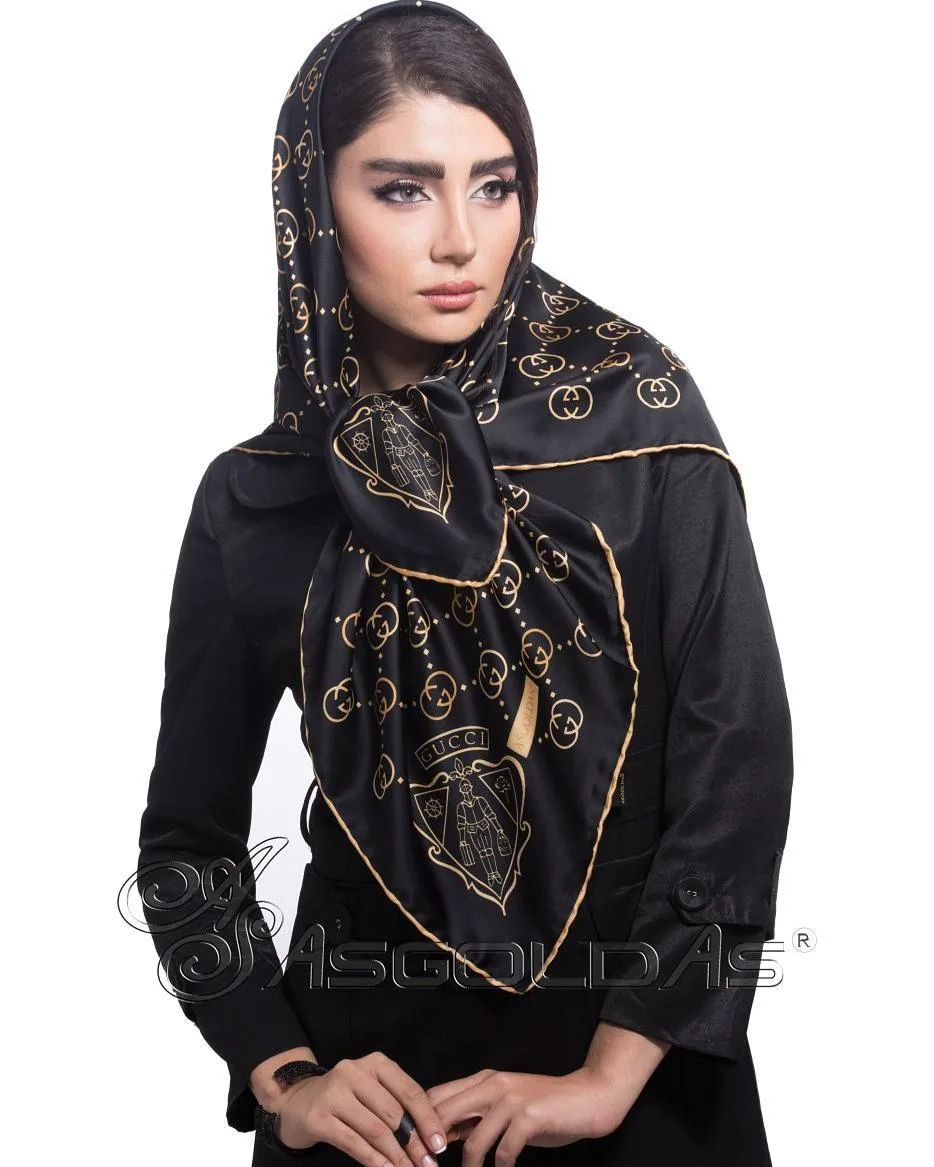 روسری، رنگ مشکی و طلایی، جنس ساتن، مربع