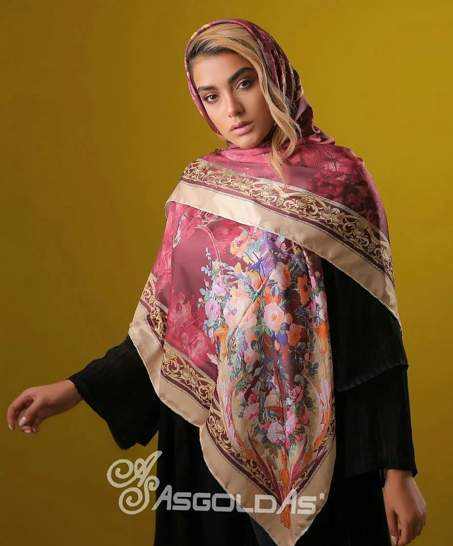 روسری ابریشم فانتزی ترک ۱۴۰، رنگ زرشکی، کرم و صورتی، طرح گلدار، مربع، بزرگ