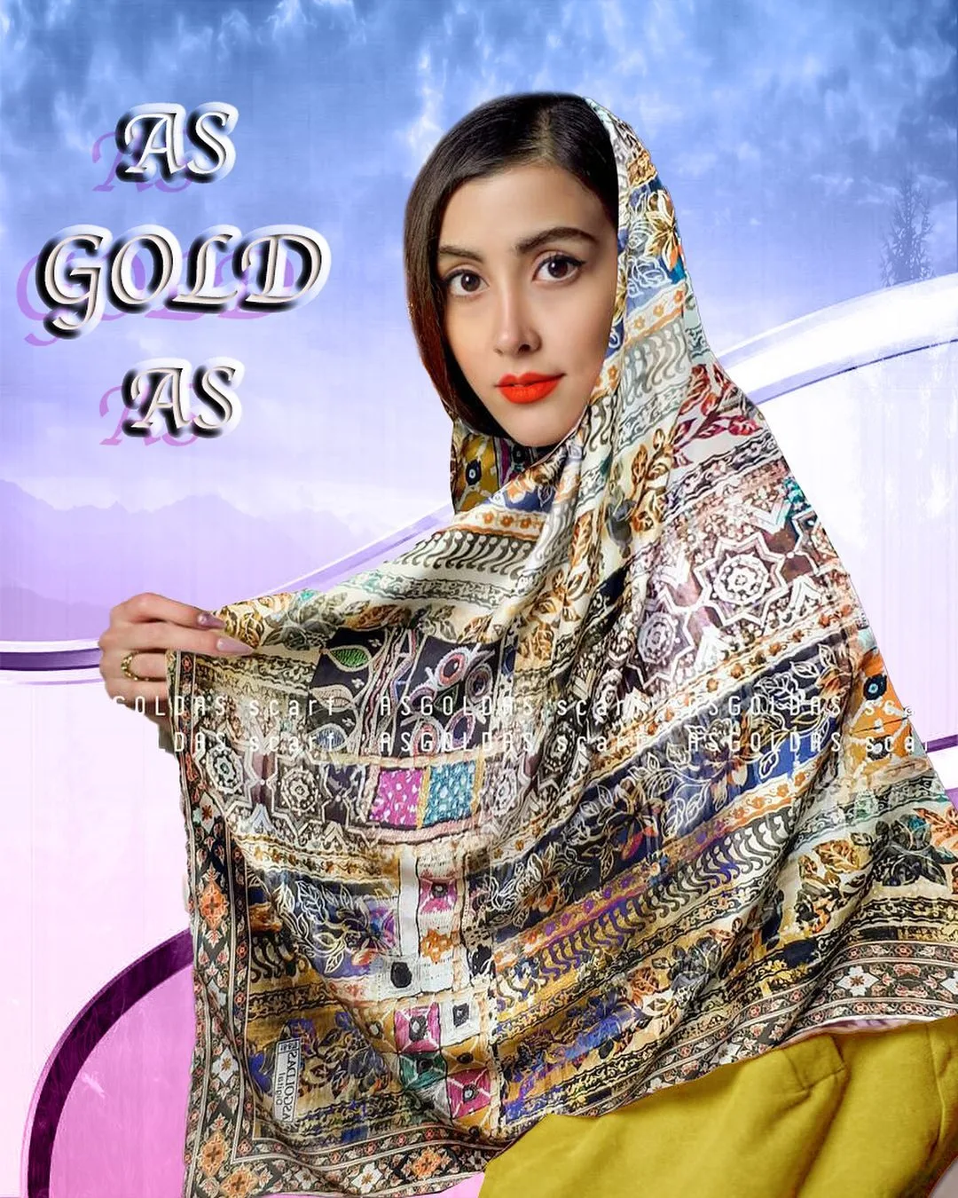 روسری ابریشم رنگی سایز ۱۱۰ آسگلداس، رنگ کرمی، طلایی و مشکی، طرح هندسی، بزرگ قواره، ریشریش
