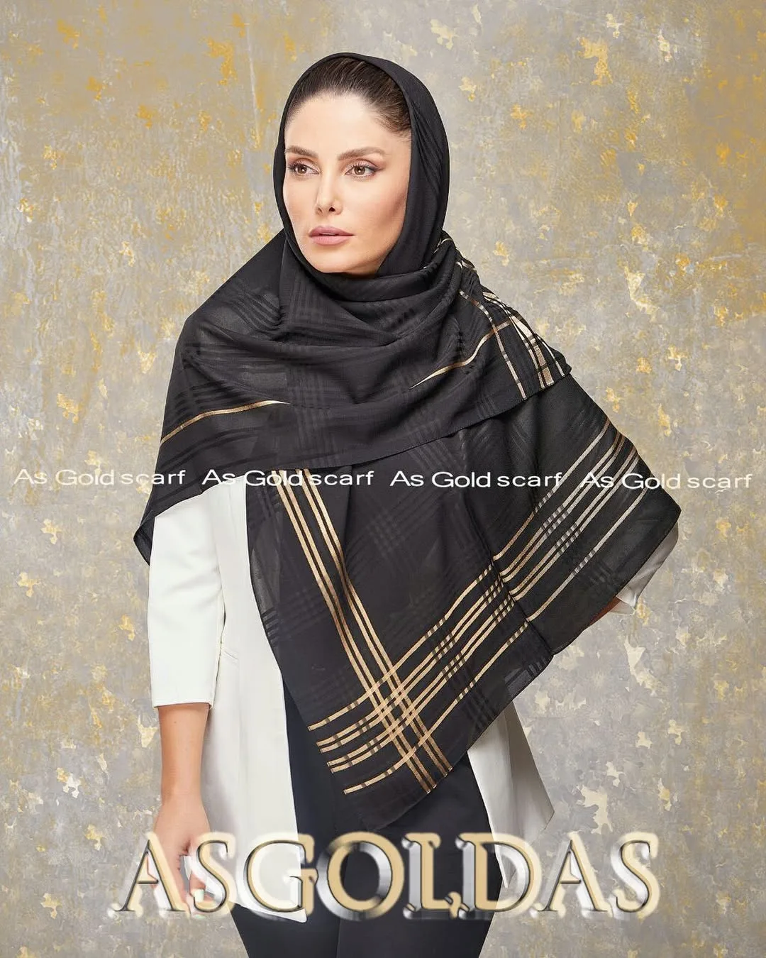 روسری حریر چهارخونه مشکی طلایی سایز ۱۲۰ آسگلداس