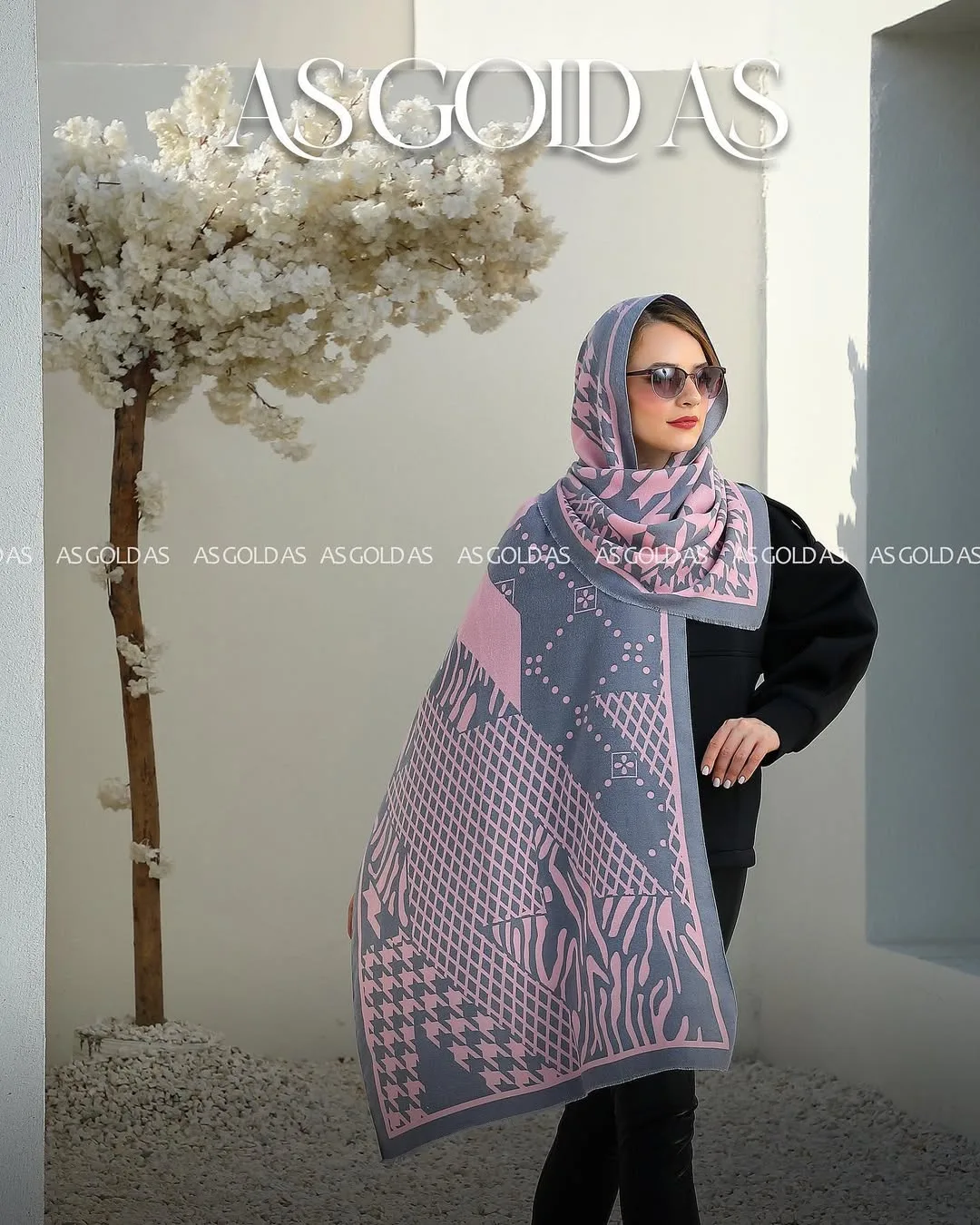 شال کد ۱۰۰۳۲، رنگ طوسی و صورتی، طرح هندسی، مستطیلی، بزرگ