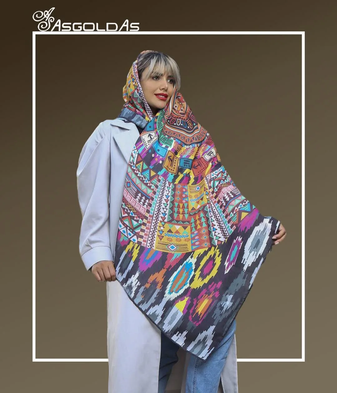 روسری سایز ۱۴۰ کد 360T آسگلداس، رنگ رنگارنگ، زرد و قرمز، طرح هندسی، مربعی، بزرگ