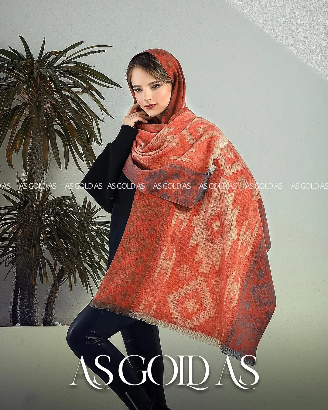 شال کد ۱۰۰۳۴، رنگ نارنجی، قهوه‌ای و کرم، جنس بافتنی، طرح هندسی، بزرگ قواره