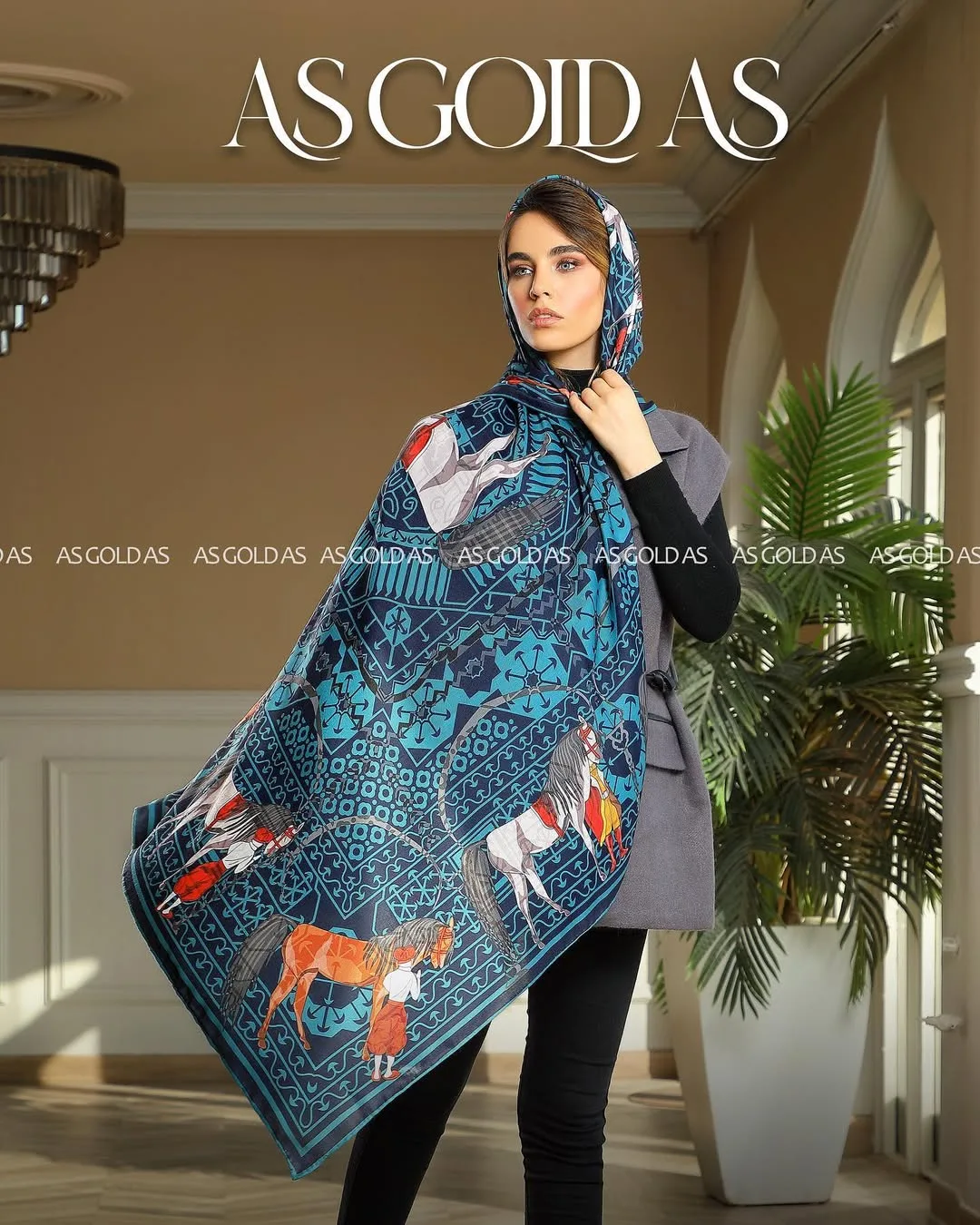 روسری کد ۳۰۰۸ سایز ۱۴۰ اسگلداس، رنگ آبی، قرمز، سفید و قهوه‌ای، مربع، بزرگ