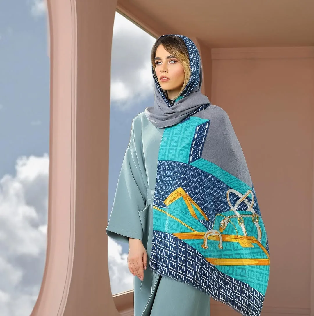 شال، رنگ آبی، خاکستری و زرد، مستطیلی، بلند