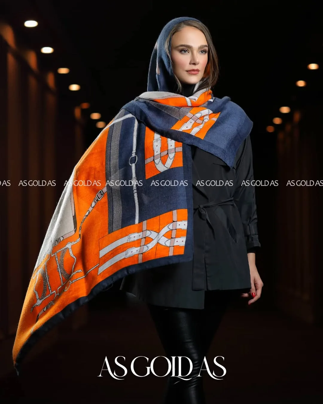 شال، رنگ سرمه‌ای، نارنجی و خاکستری، مستطیلی، بزرگ