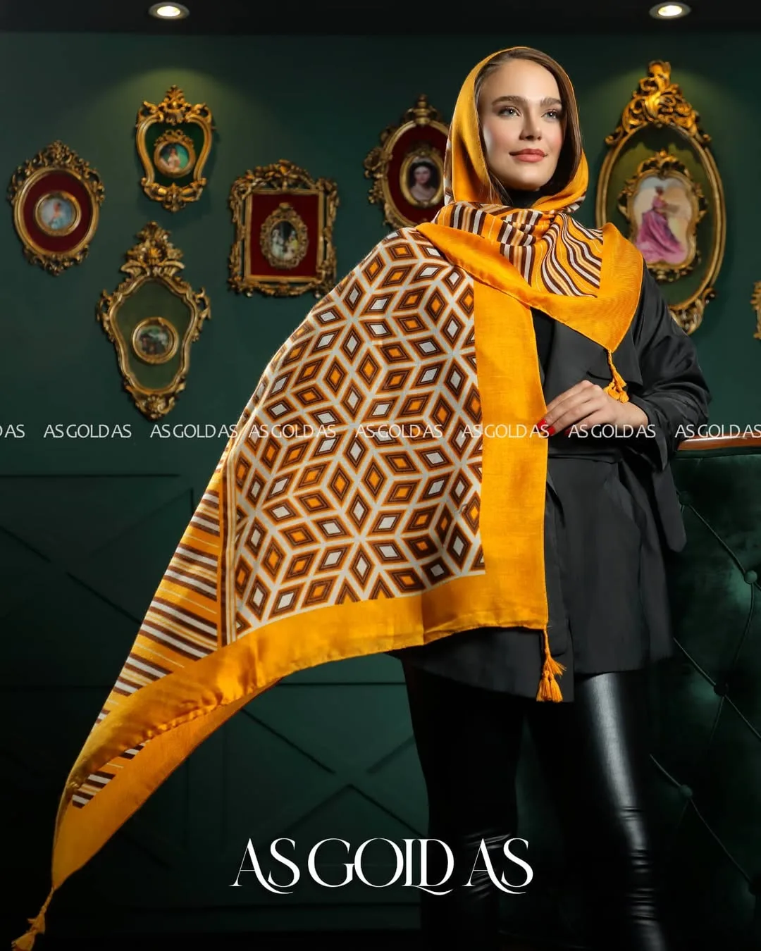 شال زنانه کد ۱۰۰۴۶، رنگ زرد، قهوه‌ای و سفید، طرح هندسی، مستطیلی، بلند