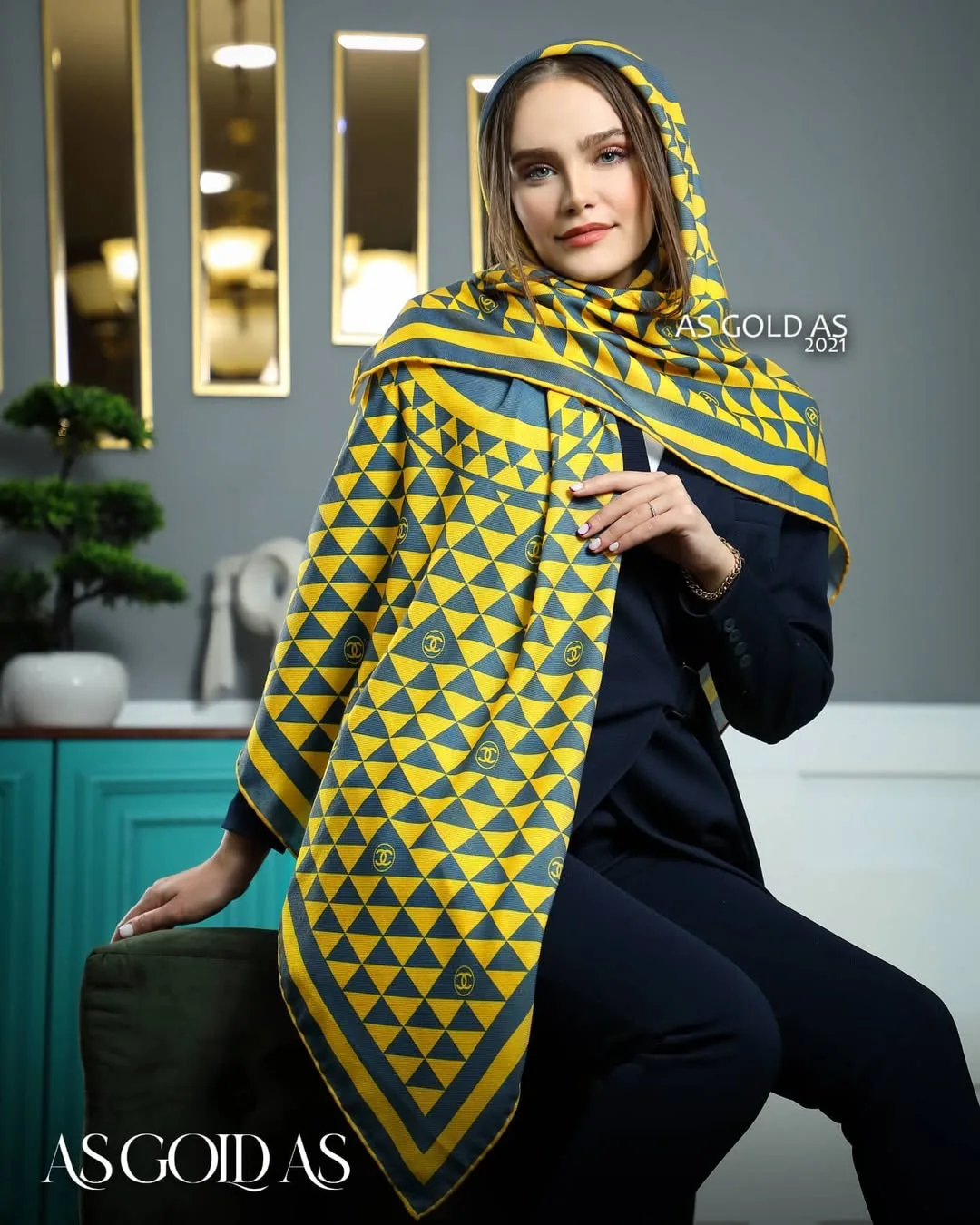 شال سایز ۱۴۰ کد ۳۰۱۶، رنگ زرد و خاکستری، طرح هندسی، مستطیلی، بزرگ