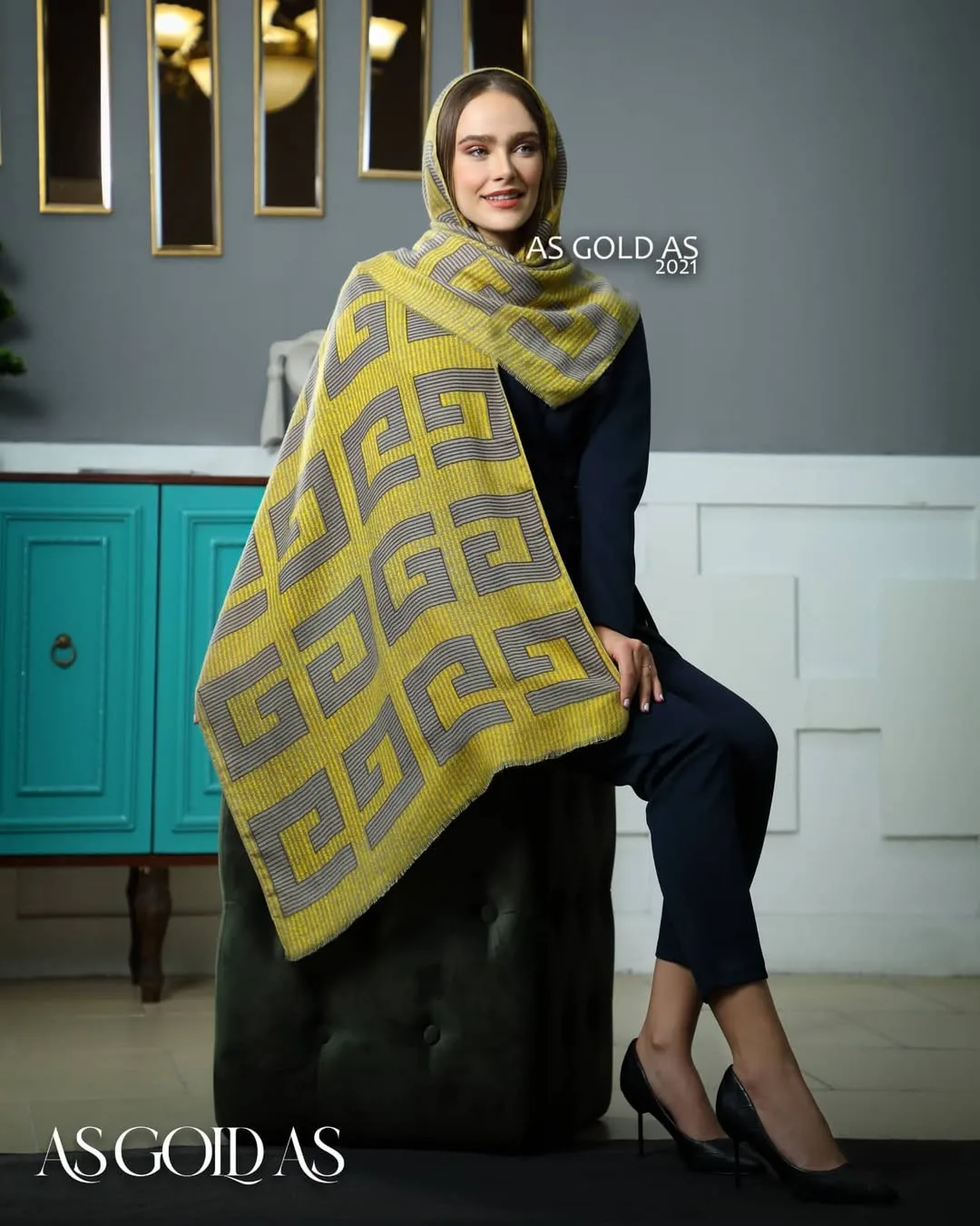 شال موهر کد ۱۰۰۵۲ آسگلداس، رنگ زرد و خاکستری، طرح هندسی، مستطیلی، بلند