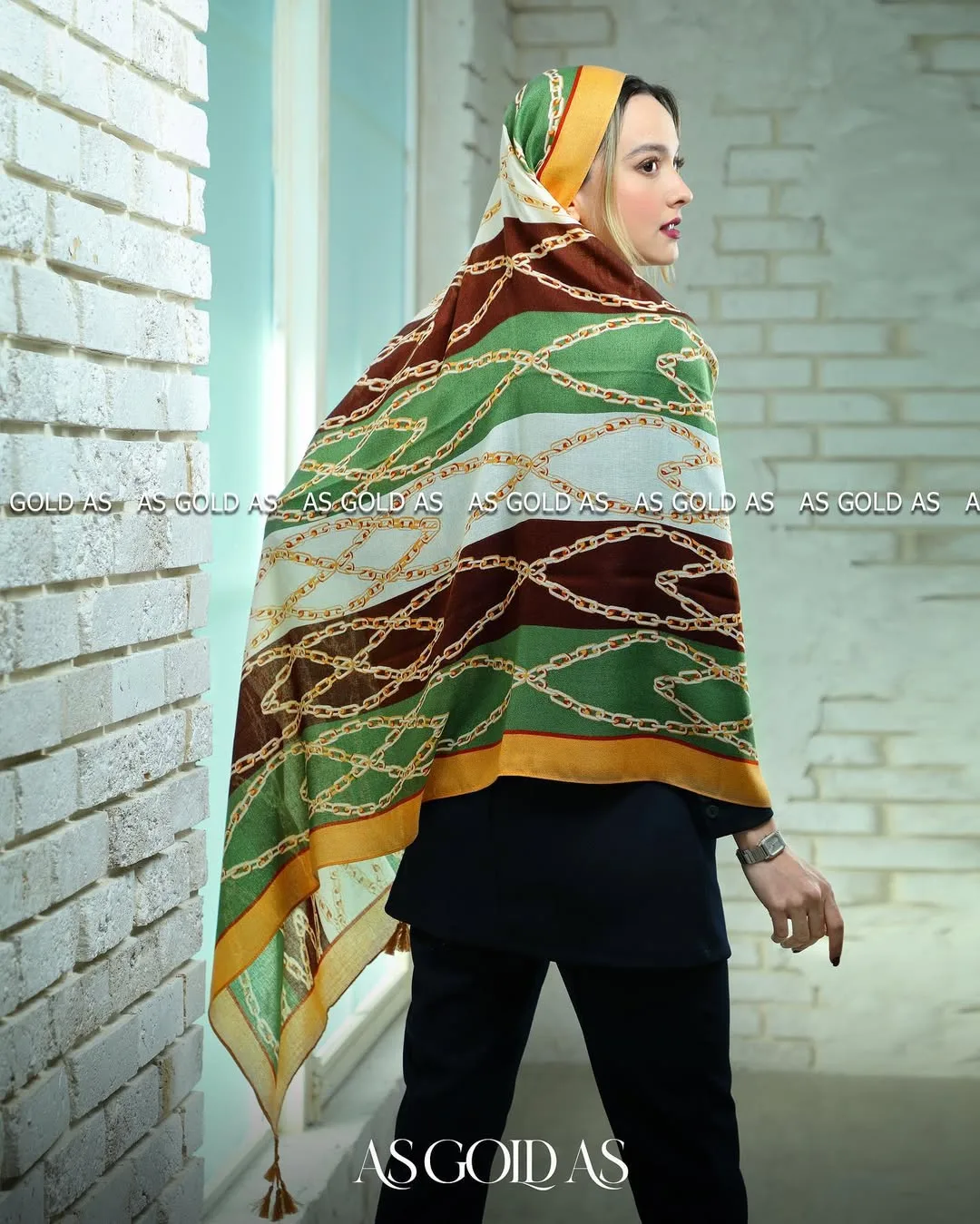 شال ترک نخی آسگلداس، رنگ سبز، قهوهای و زرد، مستطیلی، با ریشه