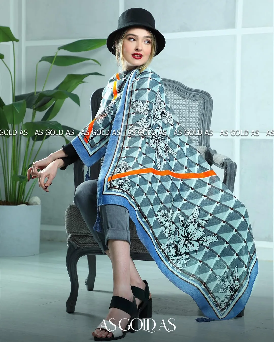 شال ترک نخی آسگلداس، رنگ آبی، خاکستری و نارنجی، طرح هندسی و گلدار، مستطیلی، بزرگ