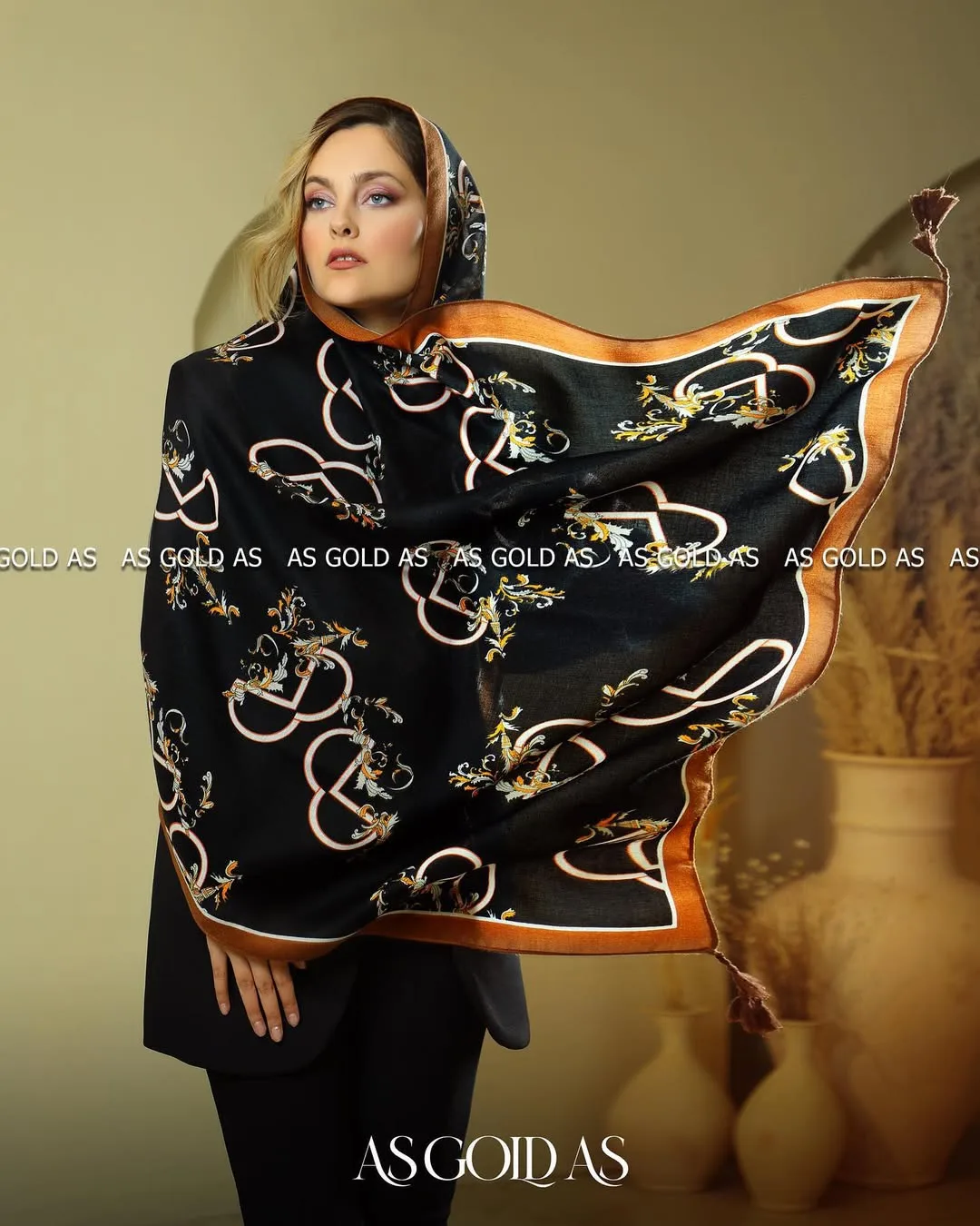 شال نخی ترک آسگلداس، رنگ مشکی، قهوه‌ای و سفید، مستطیلی، بلند