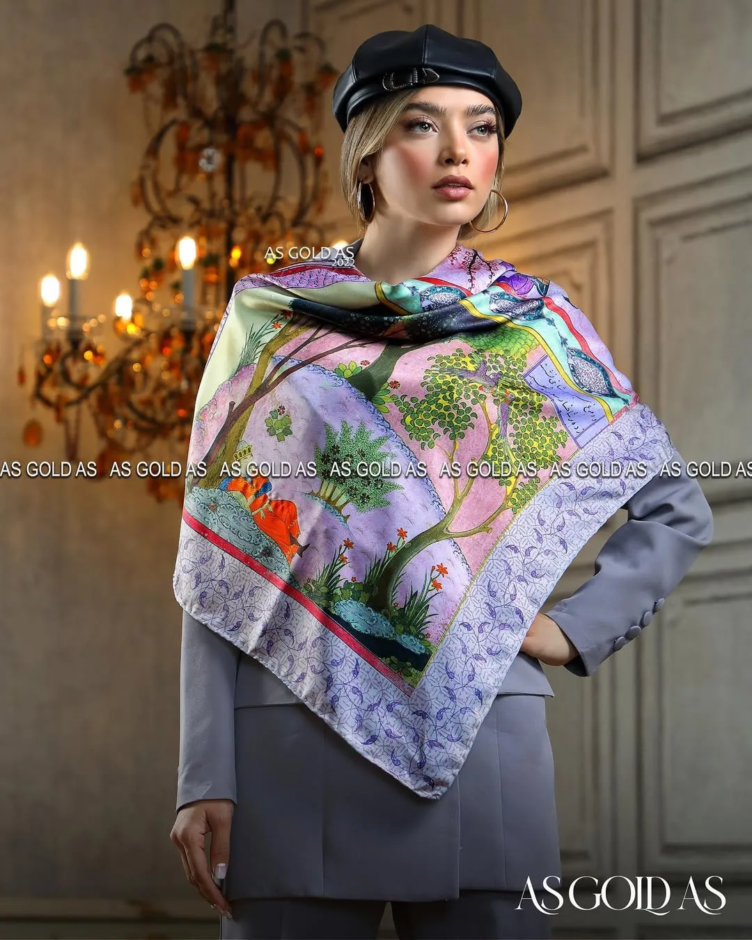 روسری ترک سایز ۱۱۰ کد ۶۵۱ آسگلداس، رنگ بنفش، سبز و صورتی، طرح گلدار، مربع