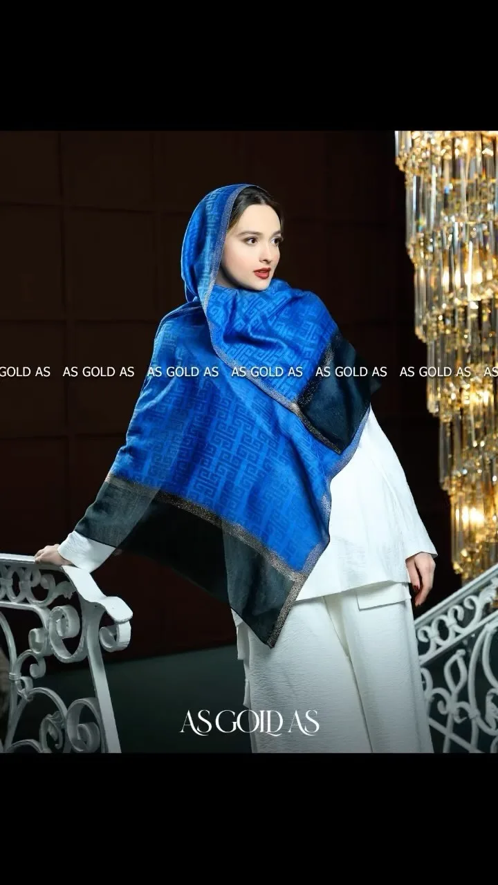 شال حریر زنانه، رنگ آبی و مشکی، طرح هندسی، مستطیلی، بلند