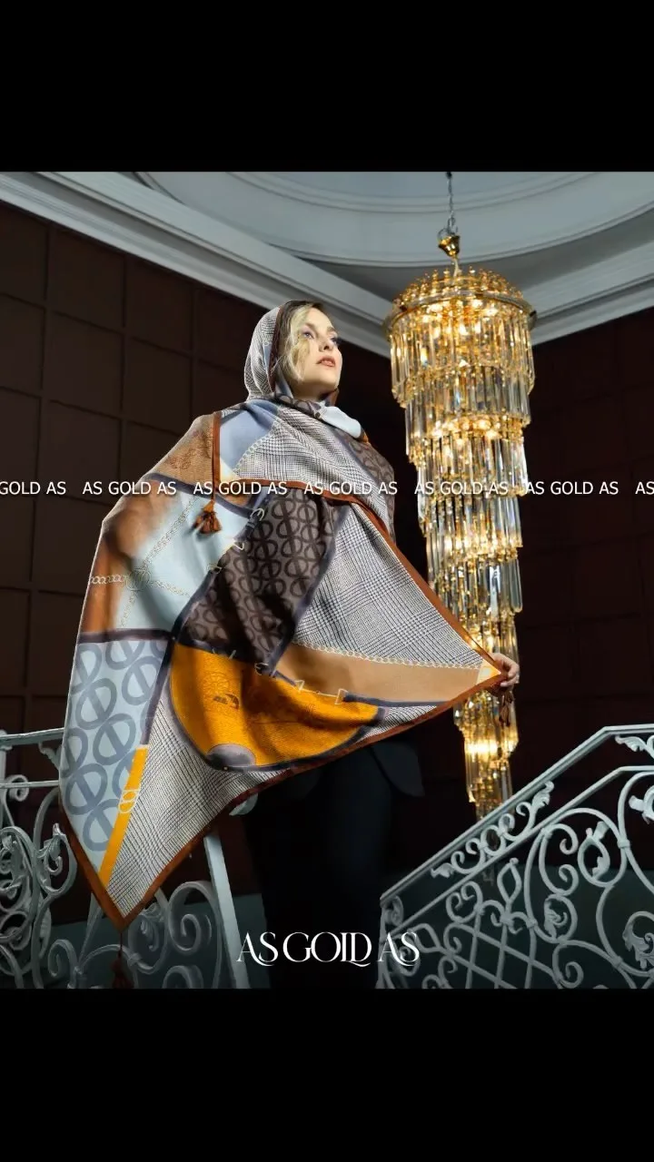 شال نخی، رنگ خاکستری، نارنجی و قهوه‌ای، طرح هندسی، مستطیلی، بلند