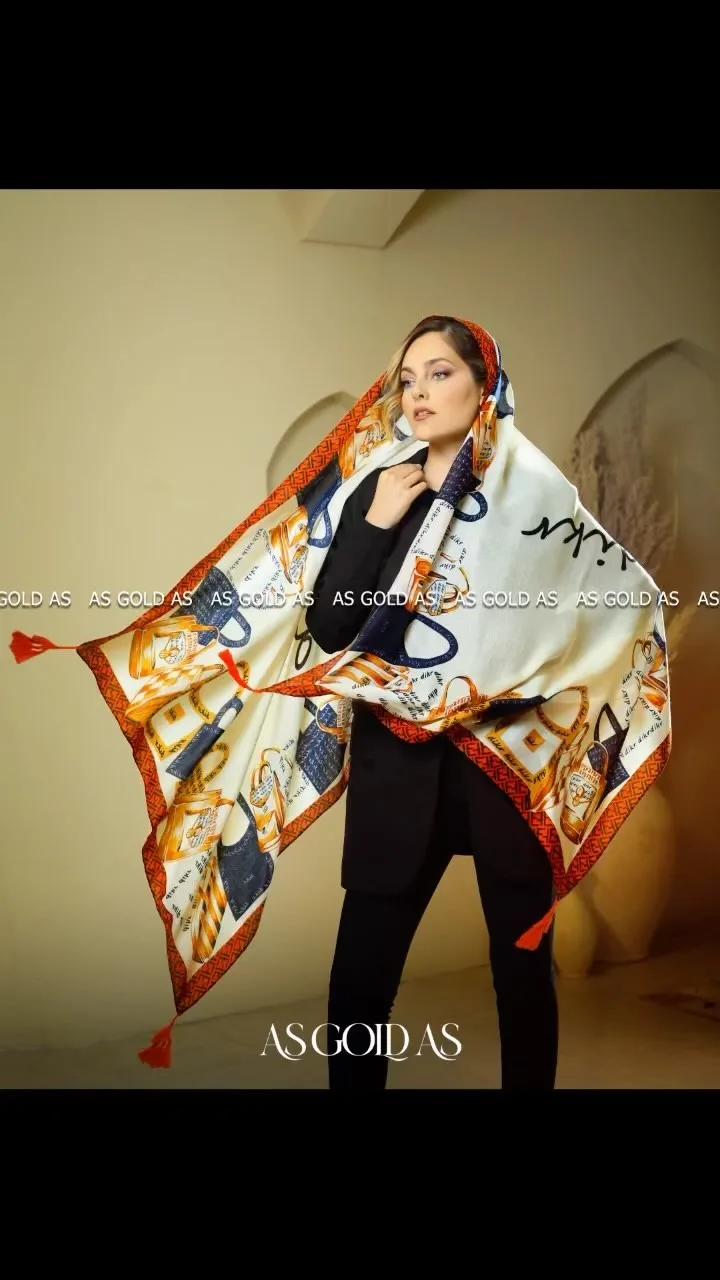 شال نخی، رنگ سفید، نارنجی و آبی، مستطیلی، بلند