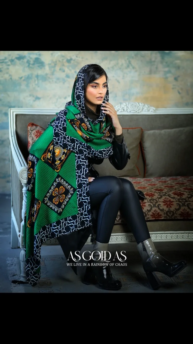 شال زنانه آسگلداس، رنگ سبز، سرمه‌ای و نارنجی، طرح هندسی، مستطیلی، بلند