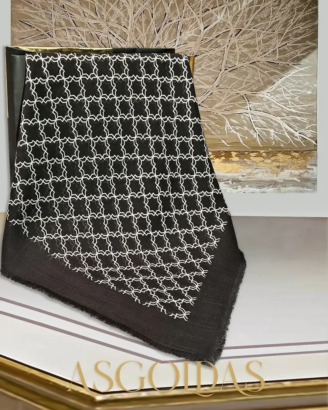 شال روسری سایز ۱۰۰، رنگ سیاه و سفید، طرح هندسی، مربع