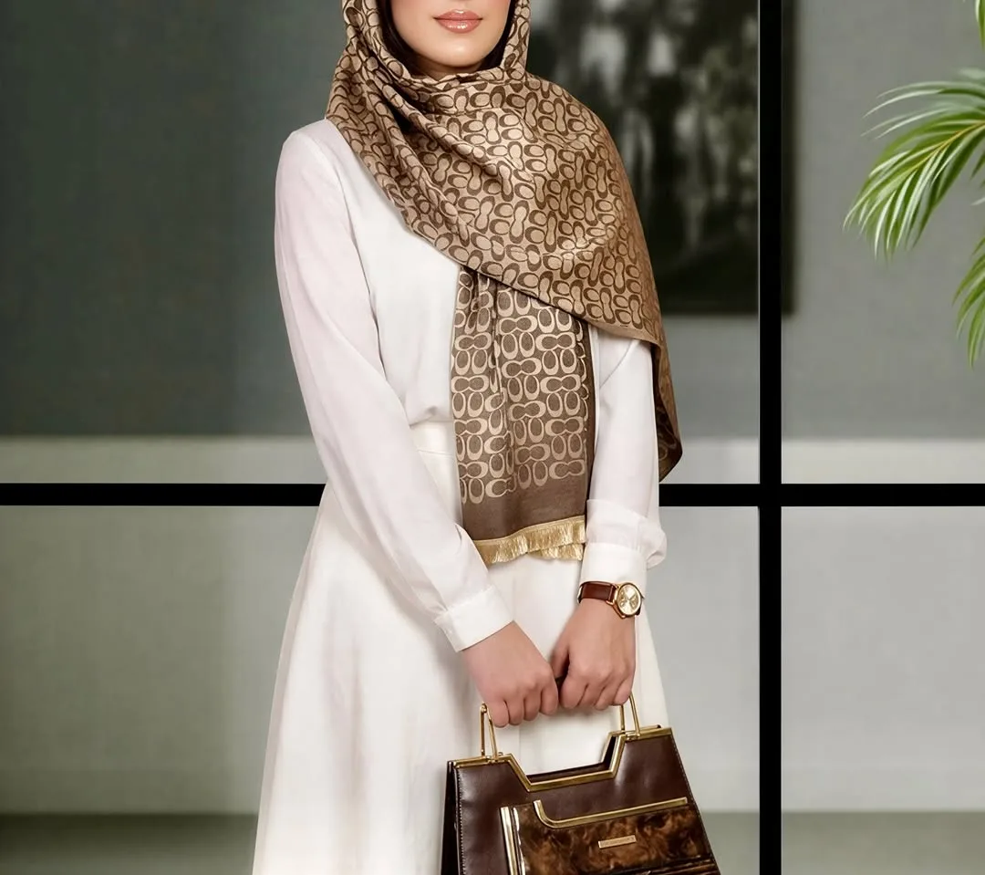 شال ابریشم دورو مجلسی، رنگ قهوه‌ای و کرم، بلند منگوله‌دار