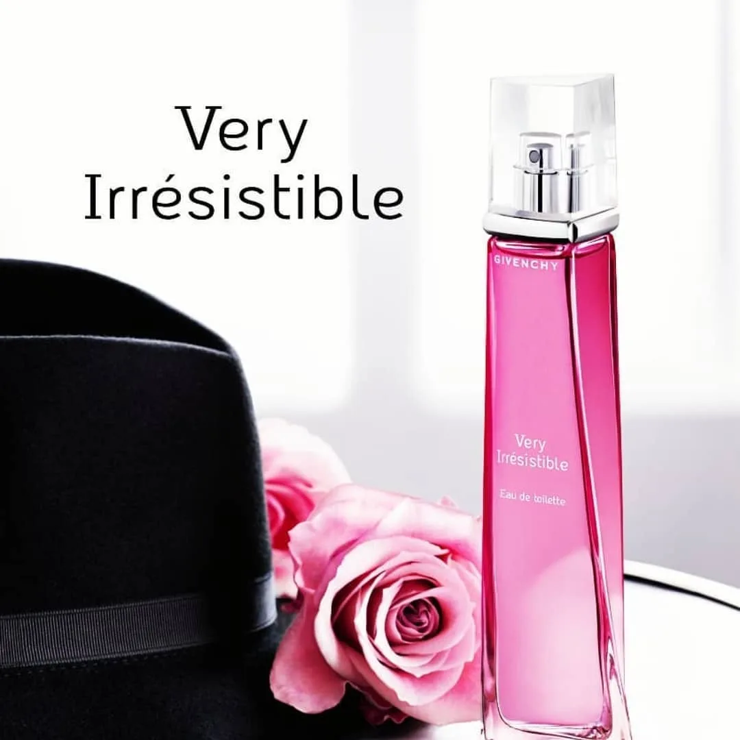عطر وری ایرسیستیبل ۷۵ میل جیوانچی، رنگ صورتی، مشکی و سفید، جنس شیشه و پارچه، بطری عطر استوانهای