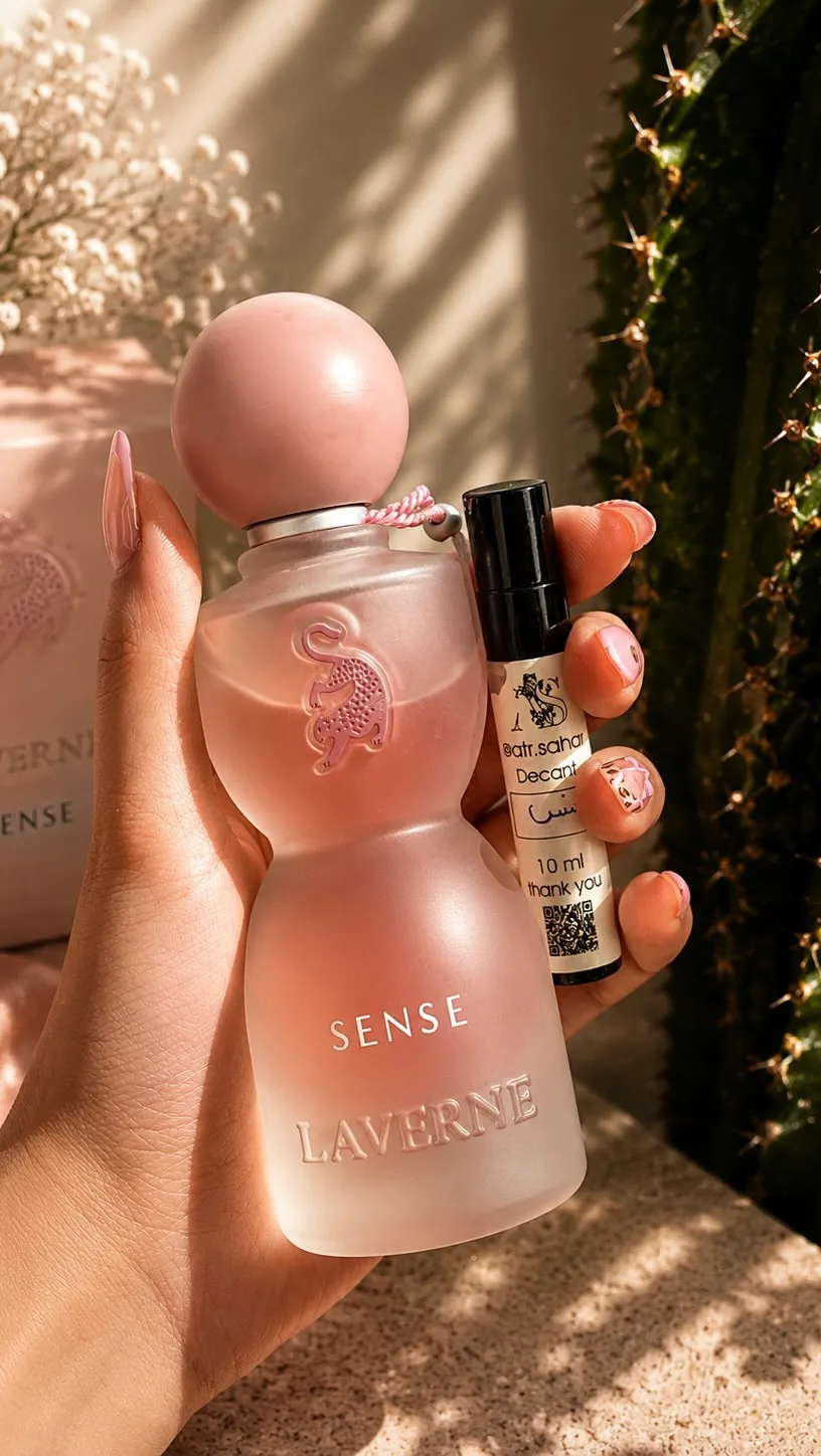 عطر سنس لاورن جورجینا، رنگ صورتی، جنس شیشه، بطری منحنی، درب گرد